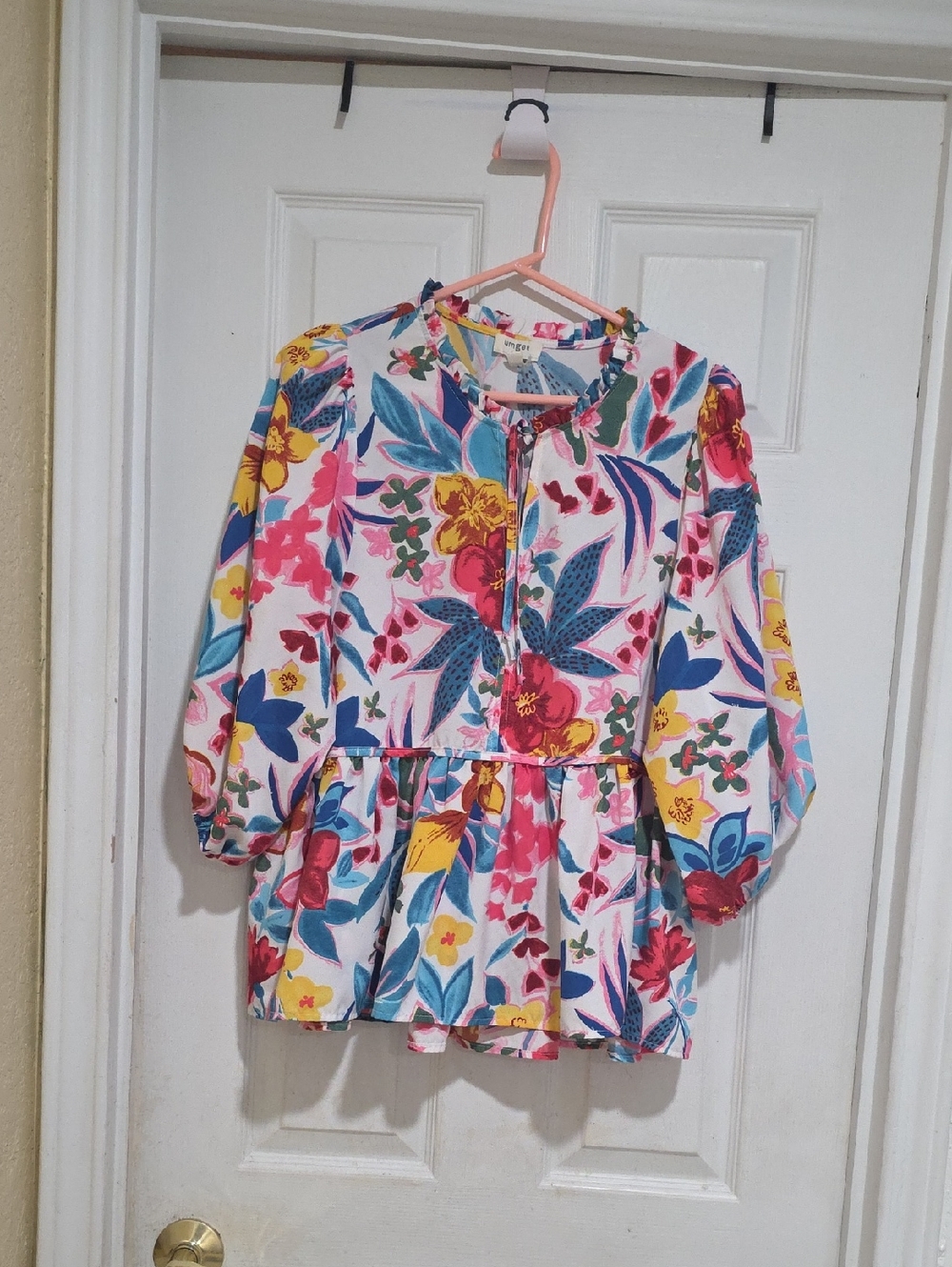 Umgee Floral Peplum Blouse - Pink Blue Yellow Green